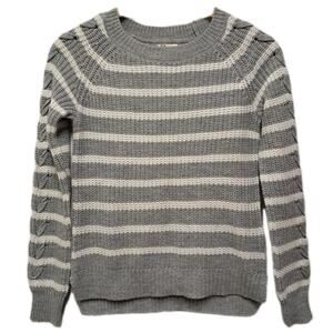 SO Chunky Knit Pullover Sweater Womens XS Grey White Striped Ribbed Preppy EUC